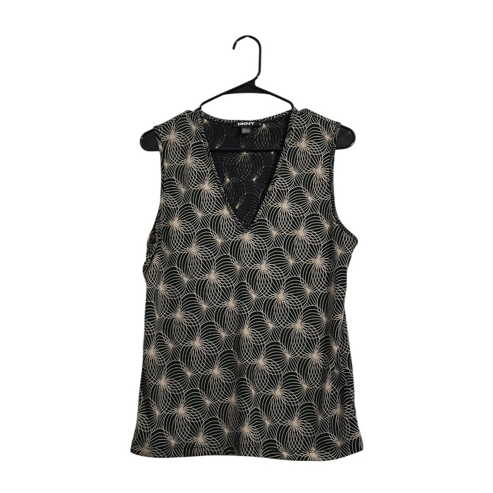 DKNY Black Tan Geometric Radial Print Sleeveless V-Neck Top Women's Size L